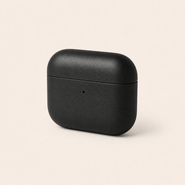 Black leather earbud case, three-quarter view