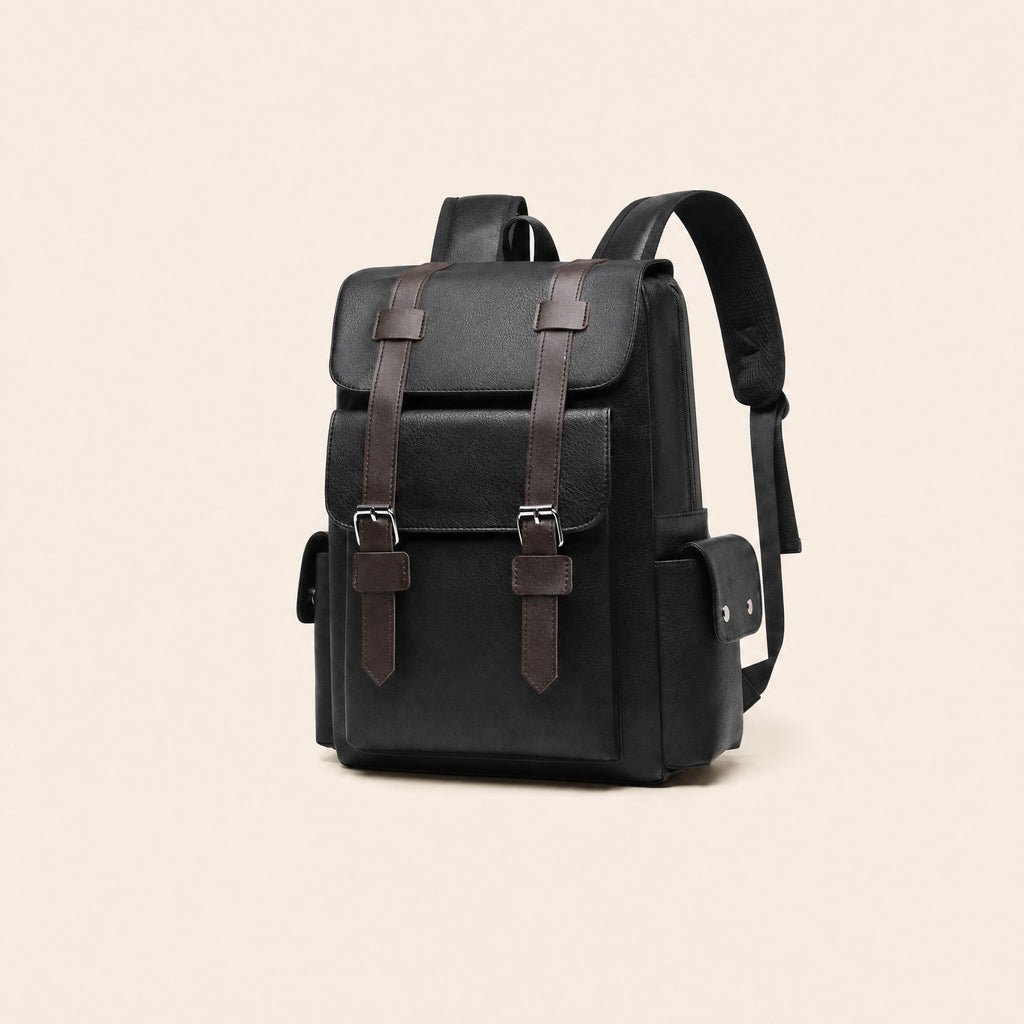 Black leather backpack, three-quarter view