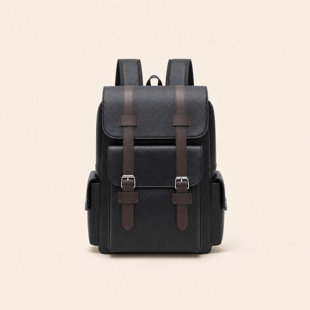 Black leather backpack, front view