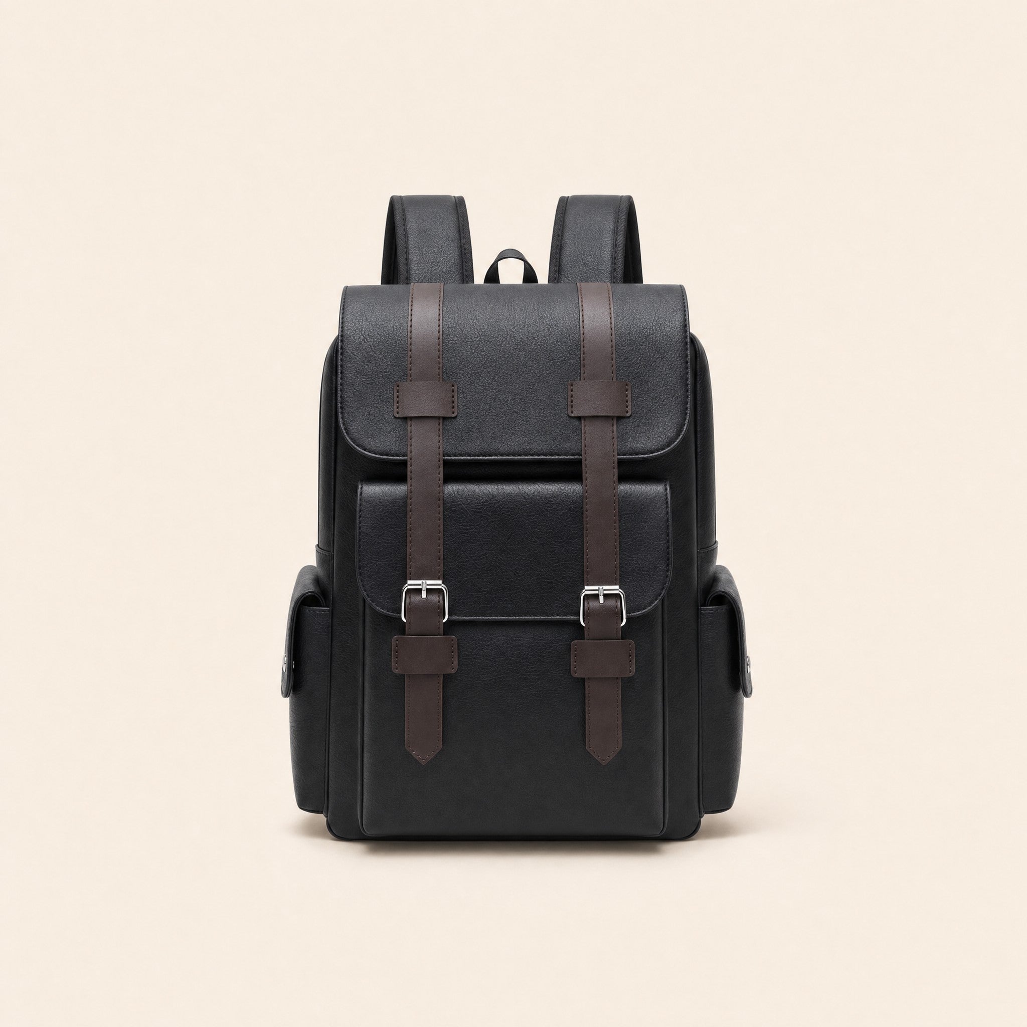 Black leather backpack, front view