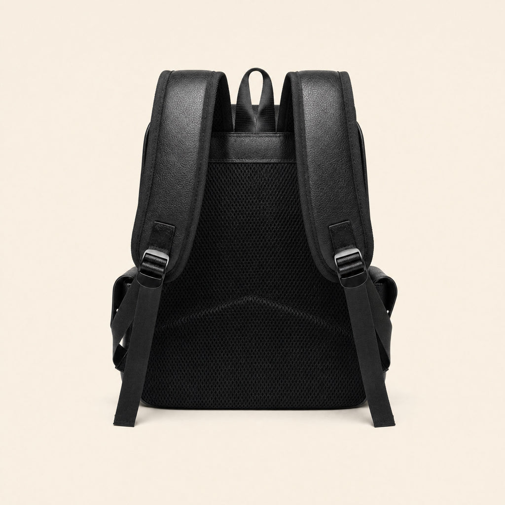Black leather backpack, padded back panel and shoulder straps