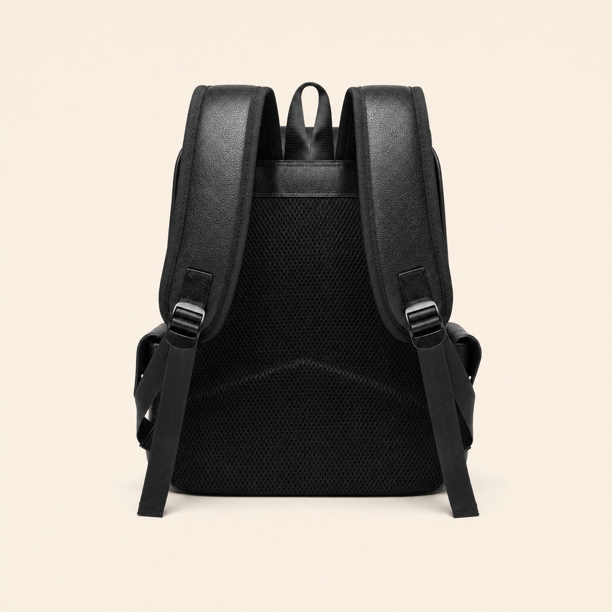 Black leather backpack, padded back panel and shoulder straps