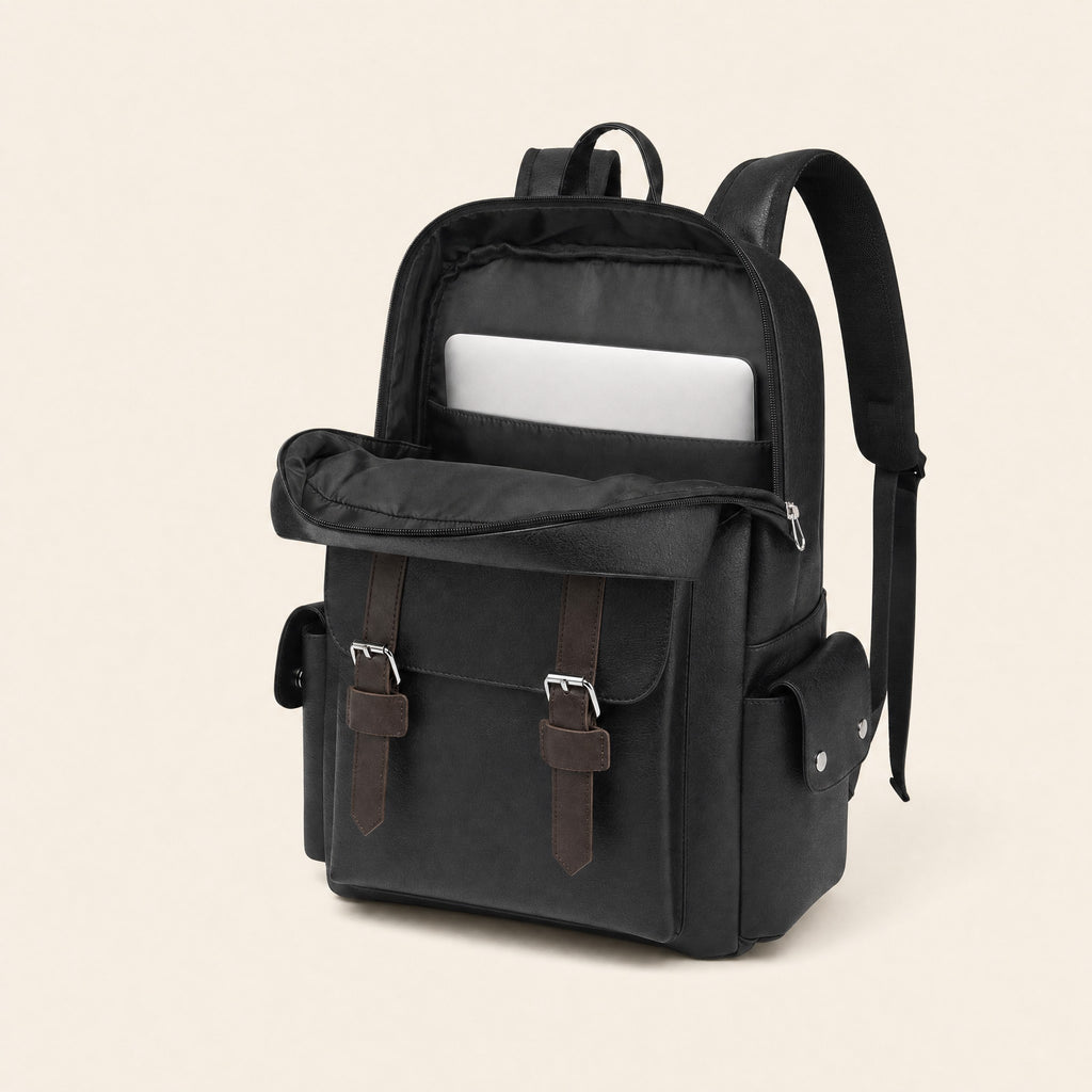 Black leather backpack open, showing padded laptop sleeve