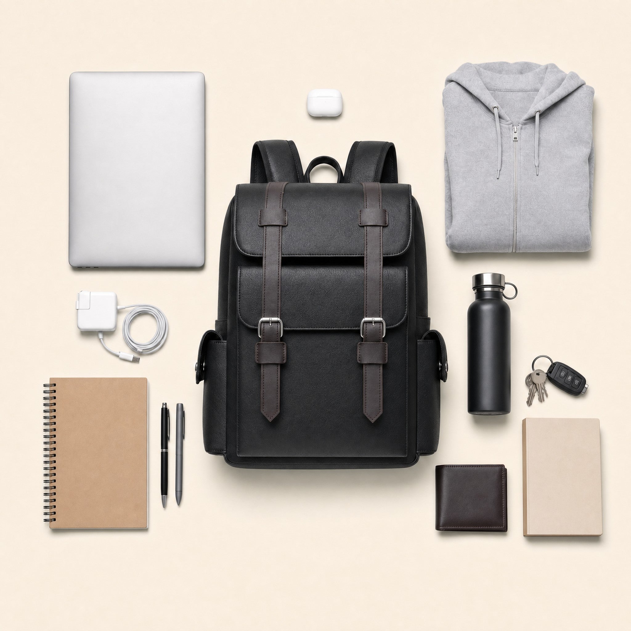 Black leather backpack with everything it carries, laid out