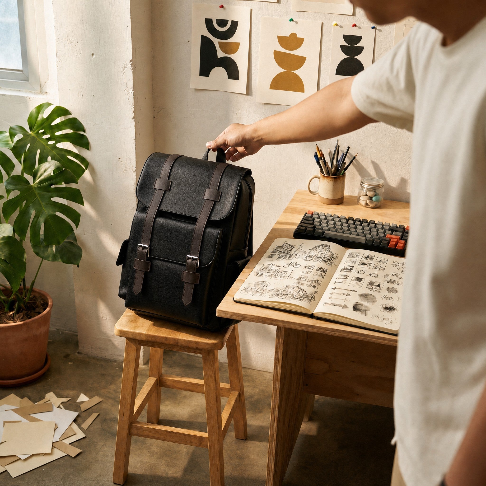 Black leather backpack in a creative studio