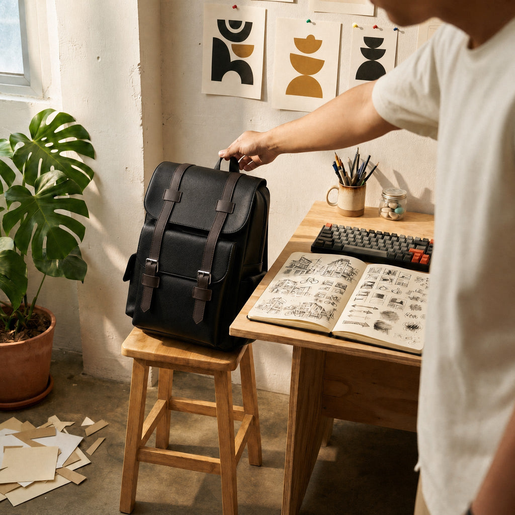 Leather backpack in a creative studio