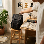 Leather backpack in a creative studio