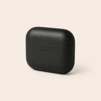 Black leather earbud case, three-quarter view