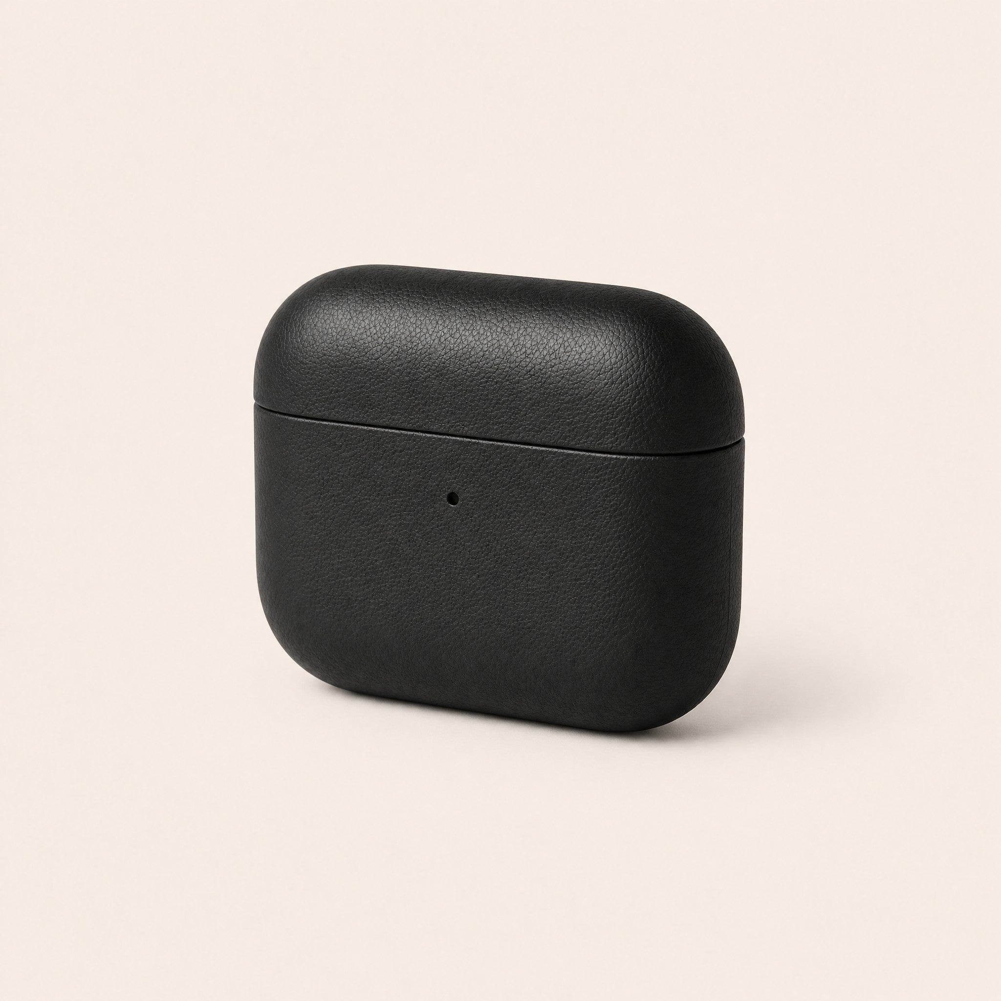 Black leather earbud case, three-quarter view