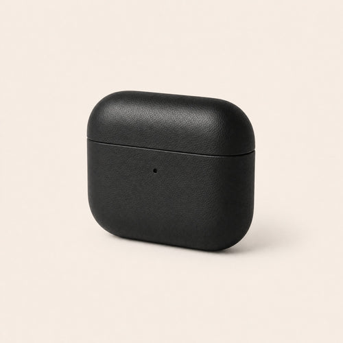 Black leather earbud case, three-quarter view