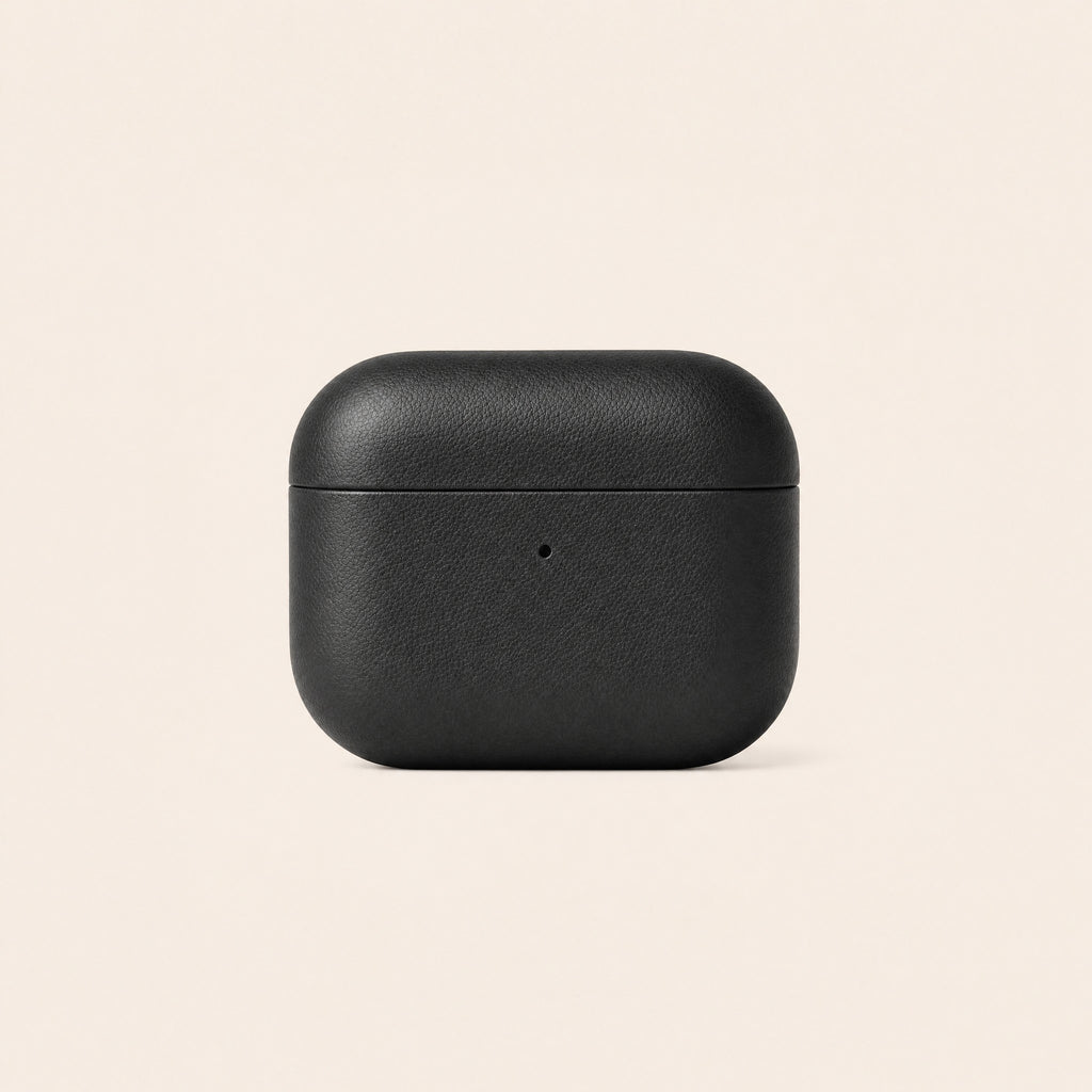Black leather earbud case, front view