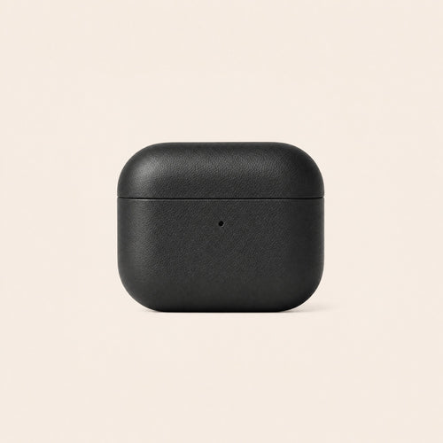 Black leather earbud case, front view