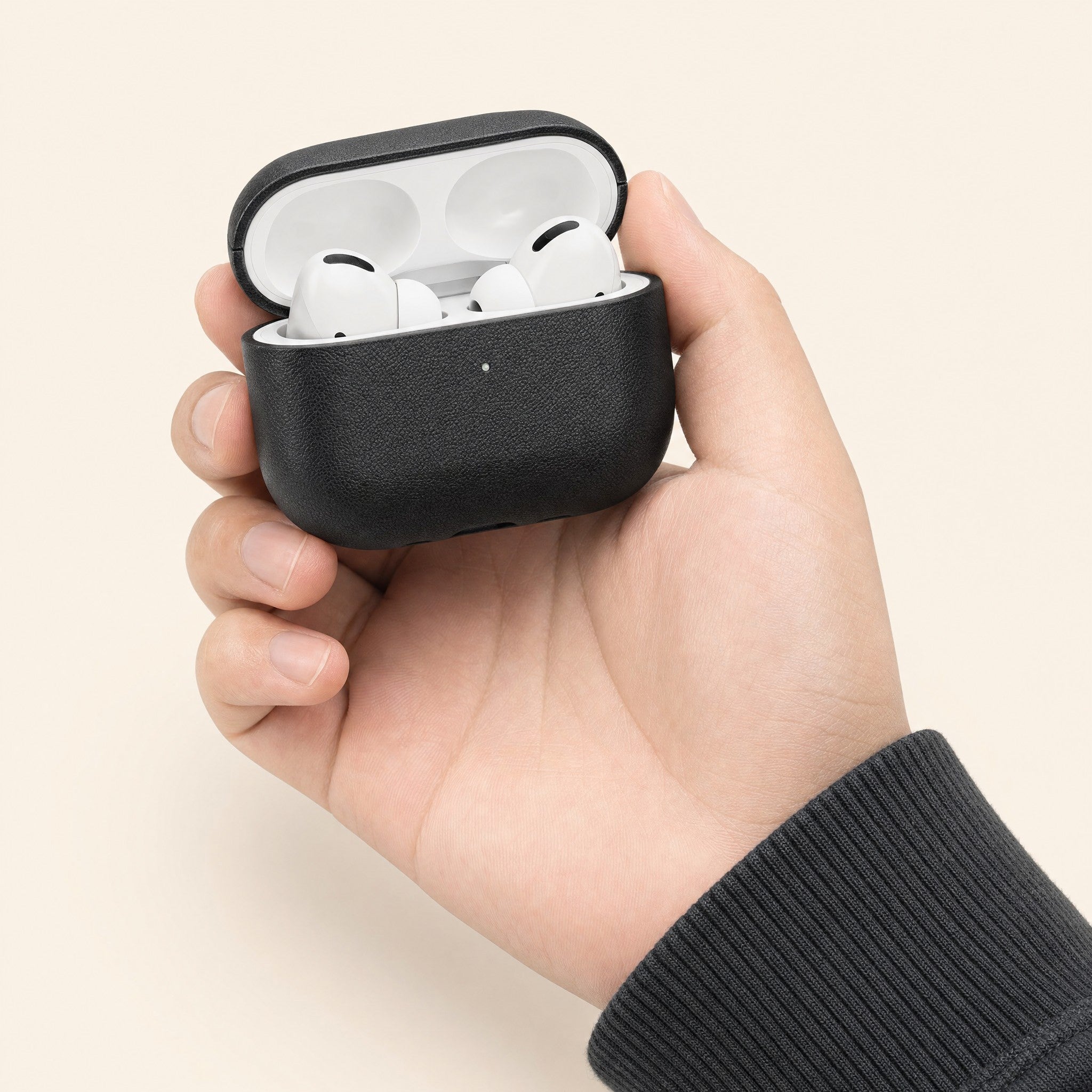 The case held open in one hand with the earbuds inside