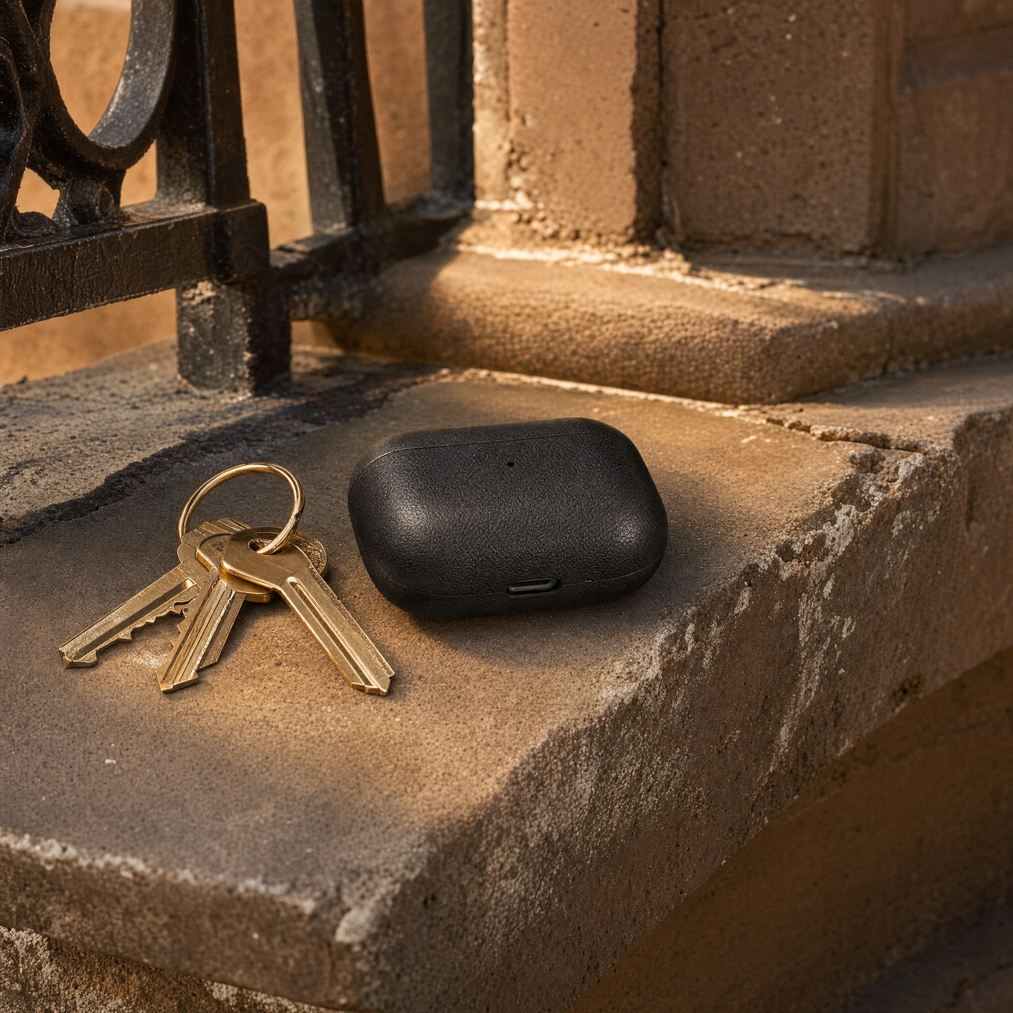The leather earbud case on a sunlit brownstone stoop ledge beside a set of keys