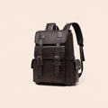 Dark brown leather backpack, three-quarter view