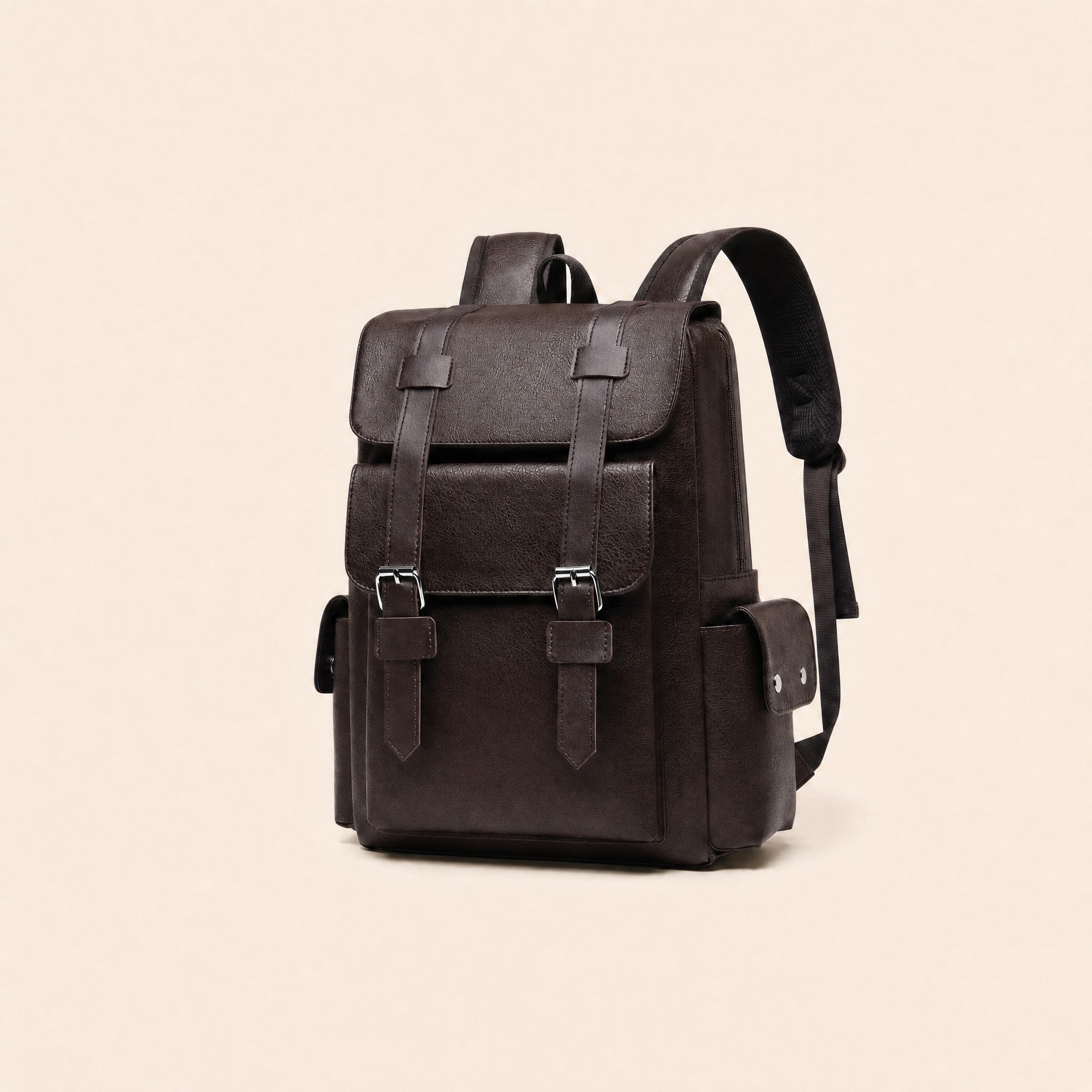 Dark brown leather backpack, three-quarter view