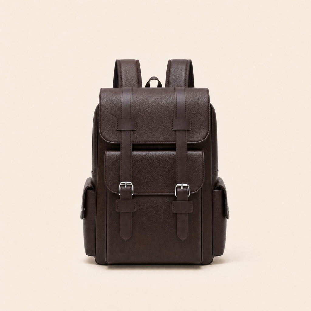 Dark brown leather backpack, front view