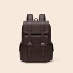 Dark brown leather backpack, front view