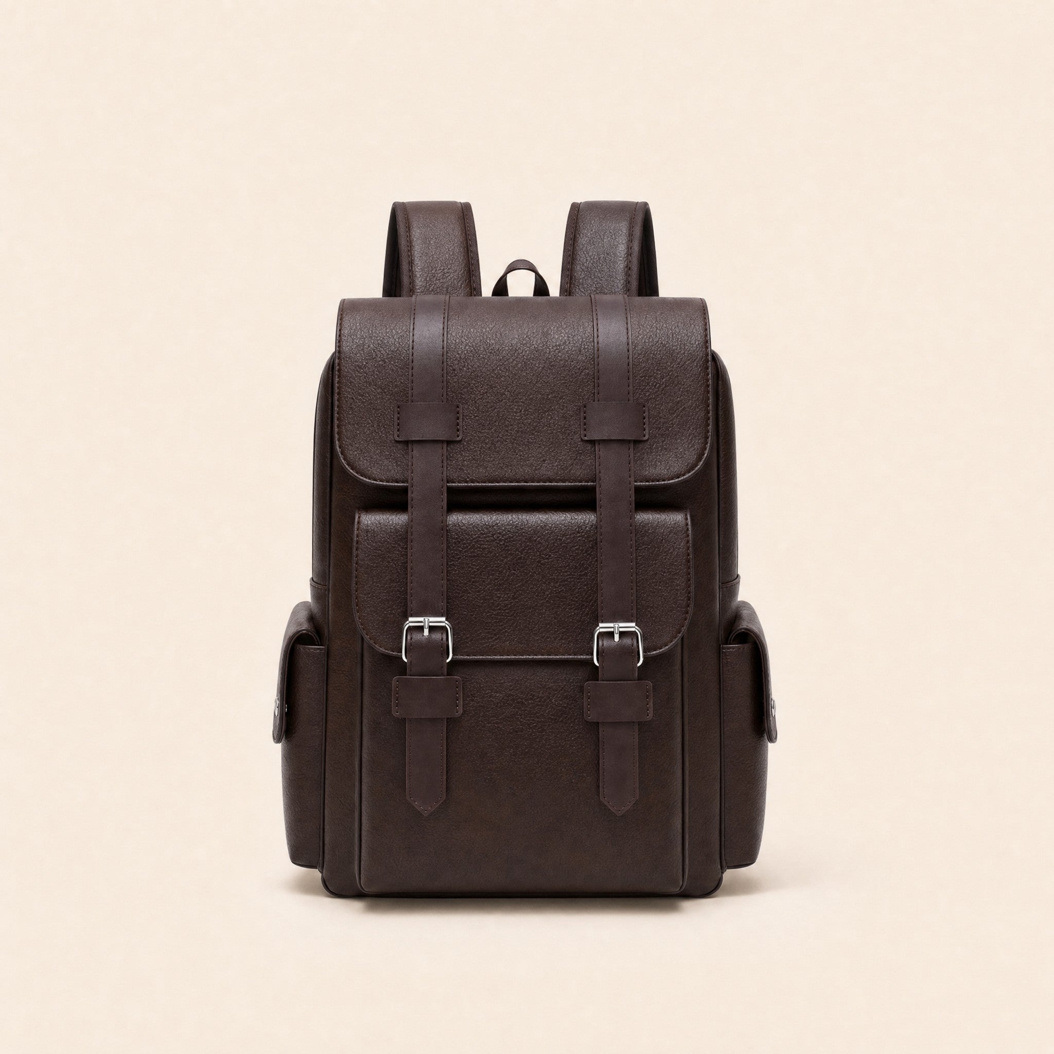 Dark brown leather backpack, front view