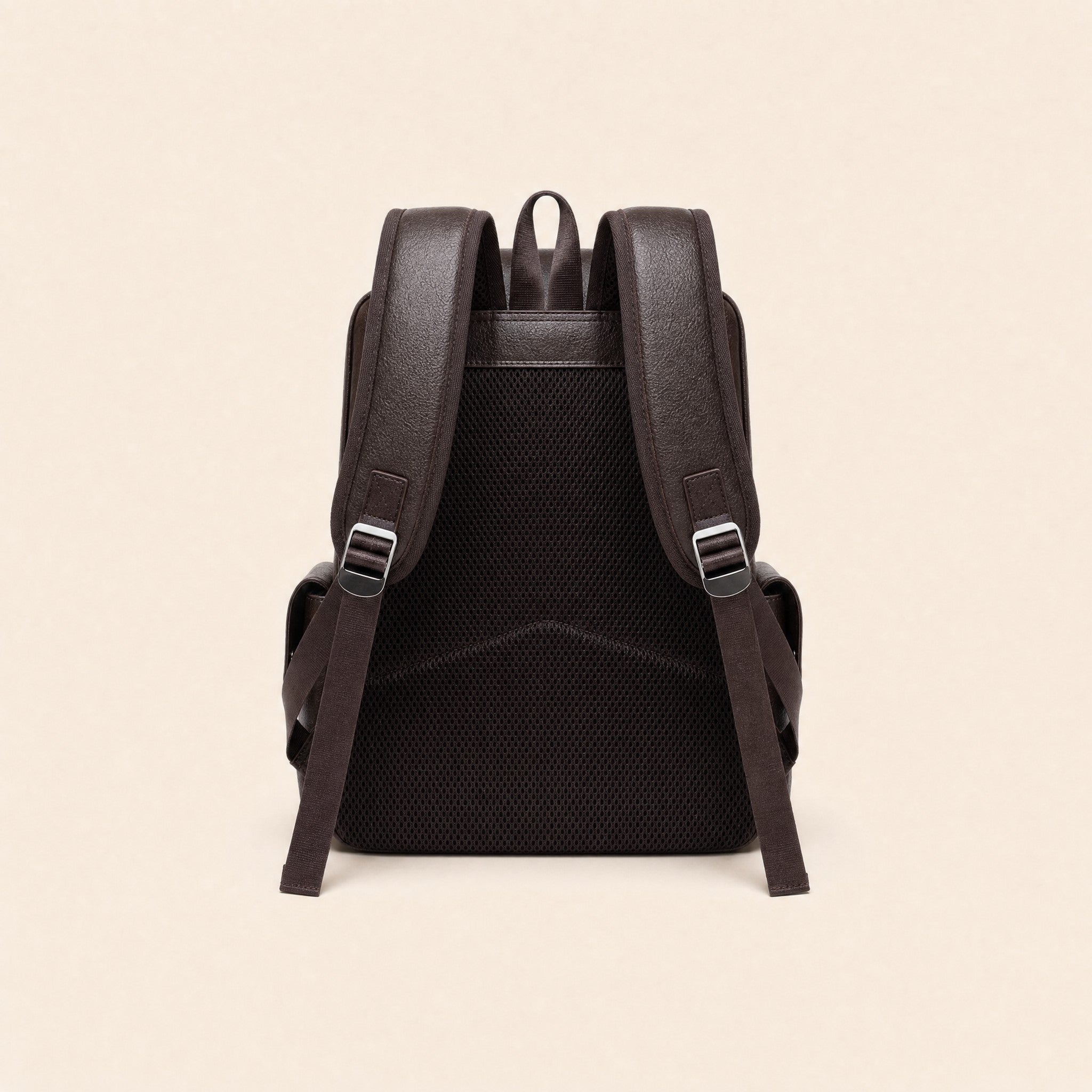 Dark brown leather backpack, padded back panel and shoulder straps