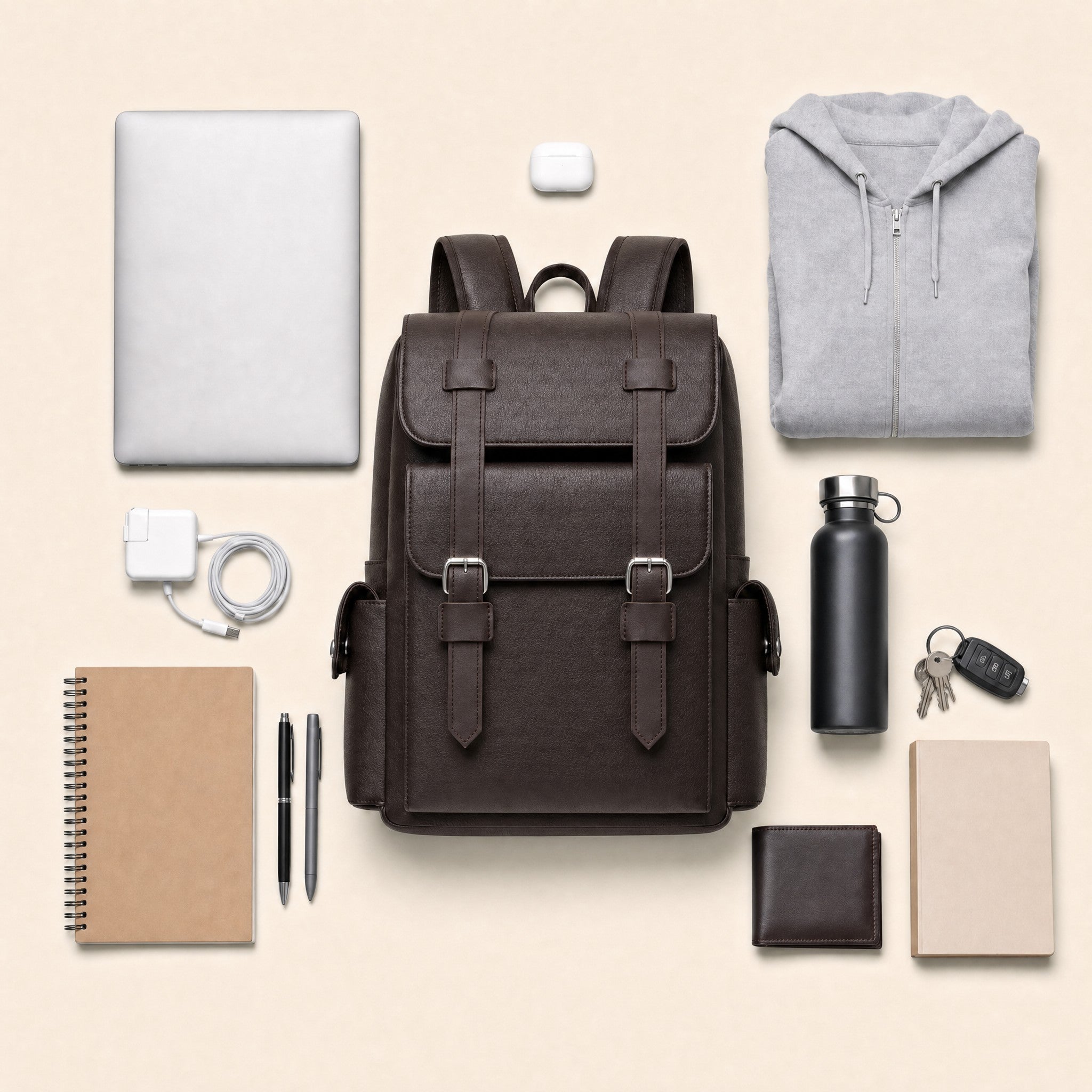 Dark brown leather backpack with everything it carries, laid out