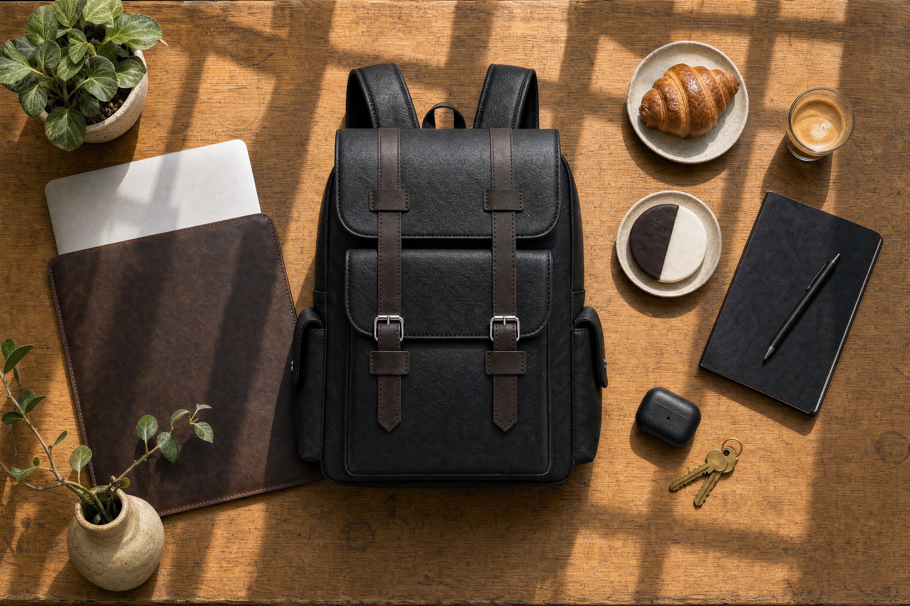 The Commuter Backpack laid flat on a sunlit oak cafe table with a laptop sleeve, notebook, coffee, croissant and plants arranged around it