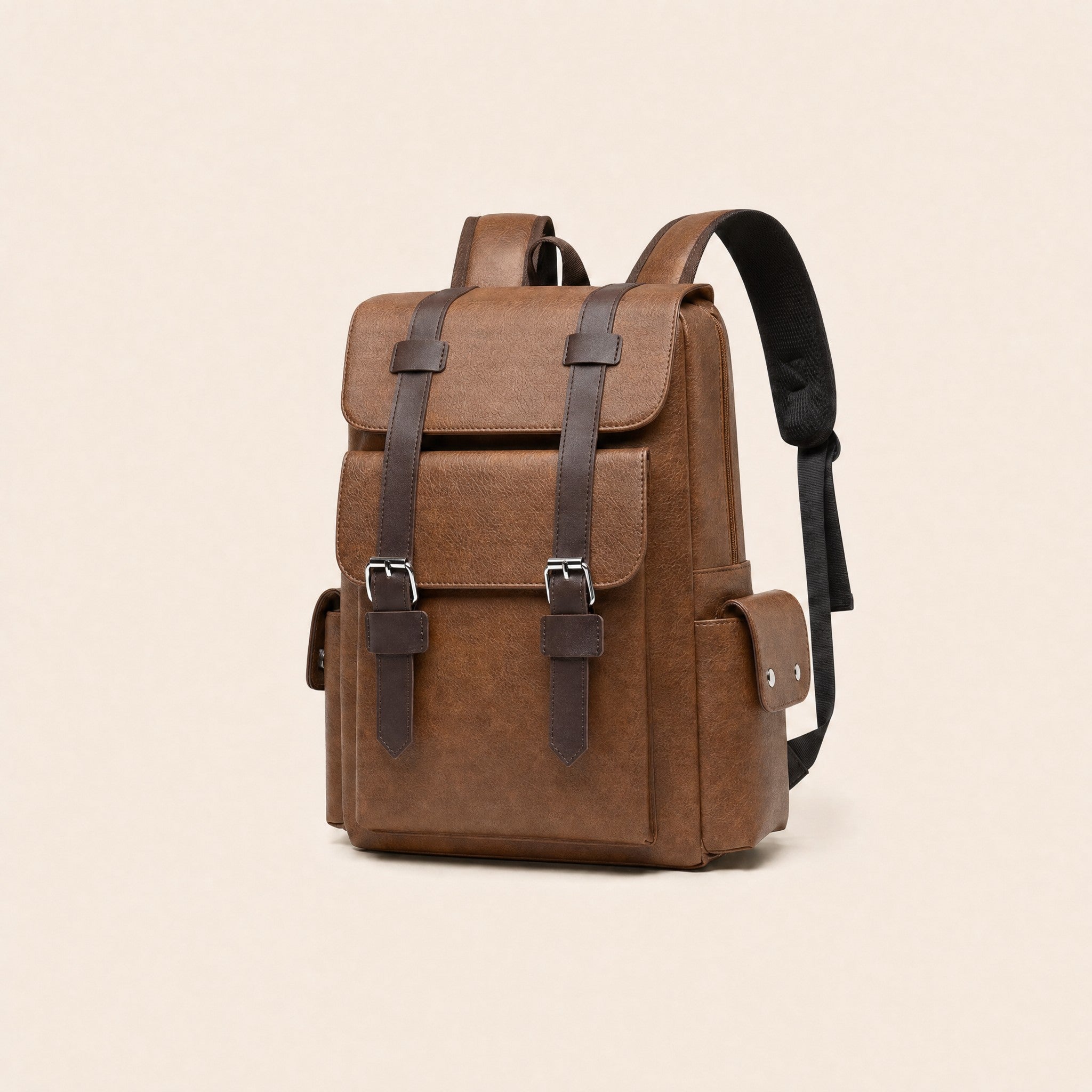 Light brown leather backpack, three-quarter view