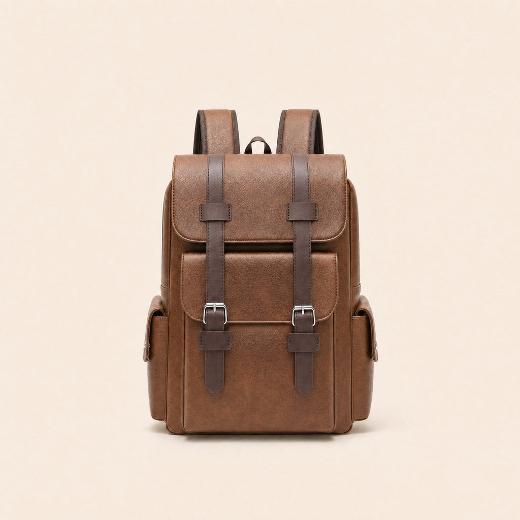 Light brown leather backpack, front view