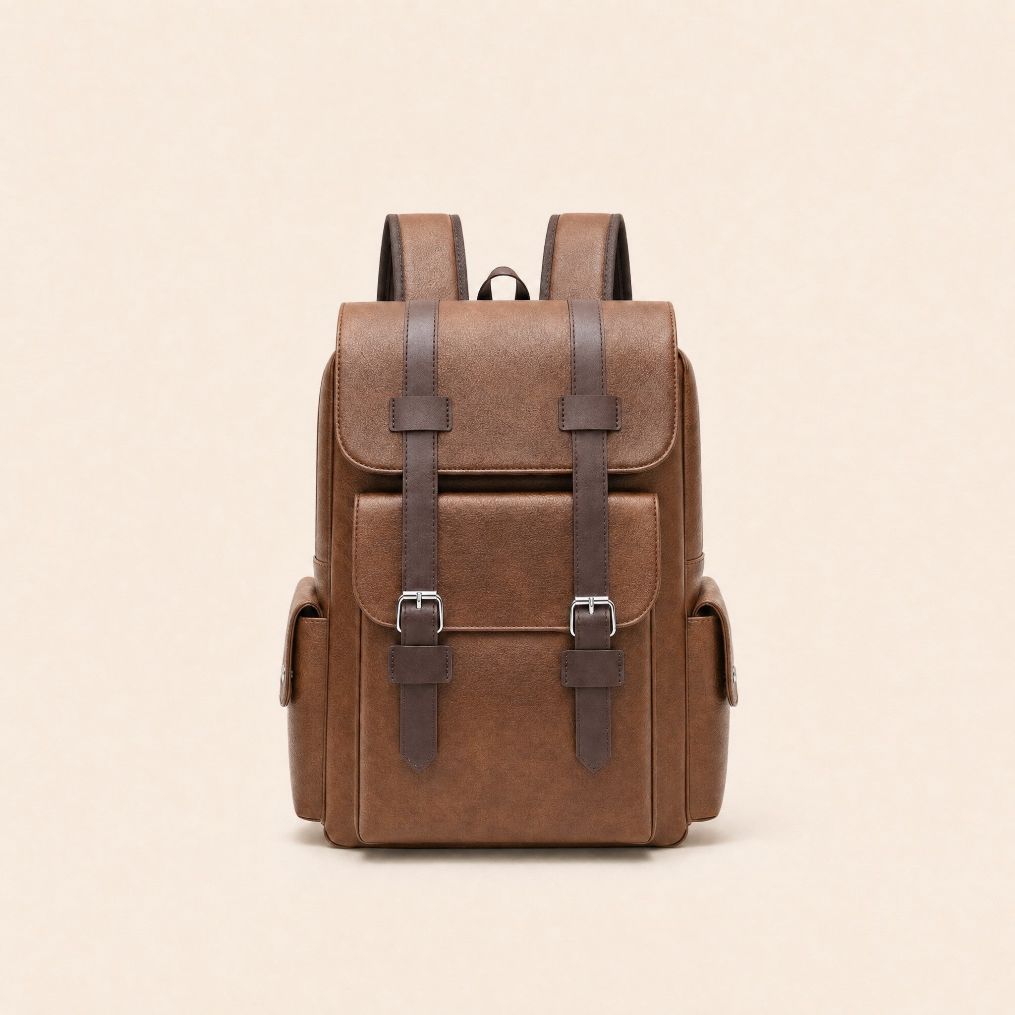 Light brown leather backpack, front view