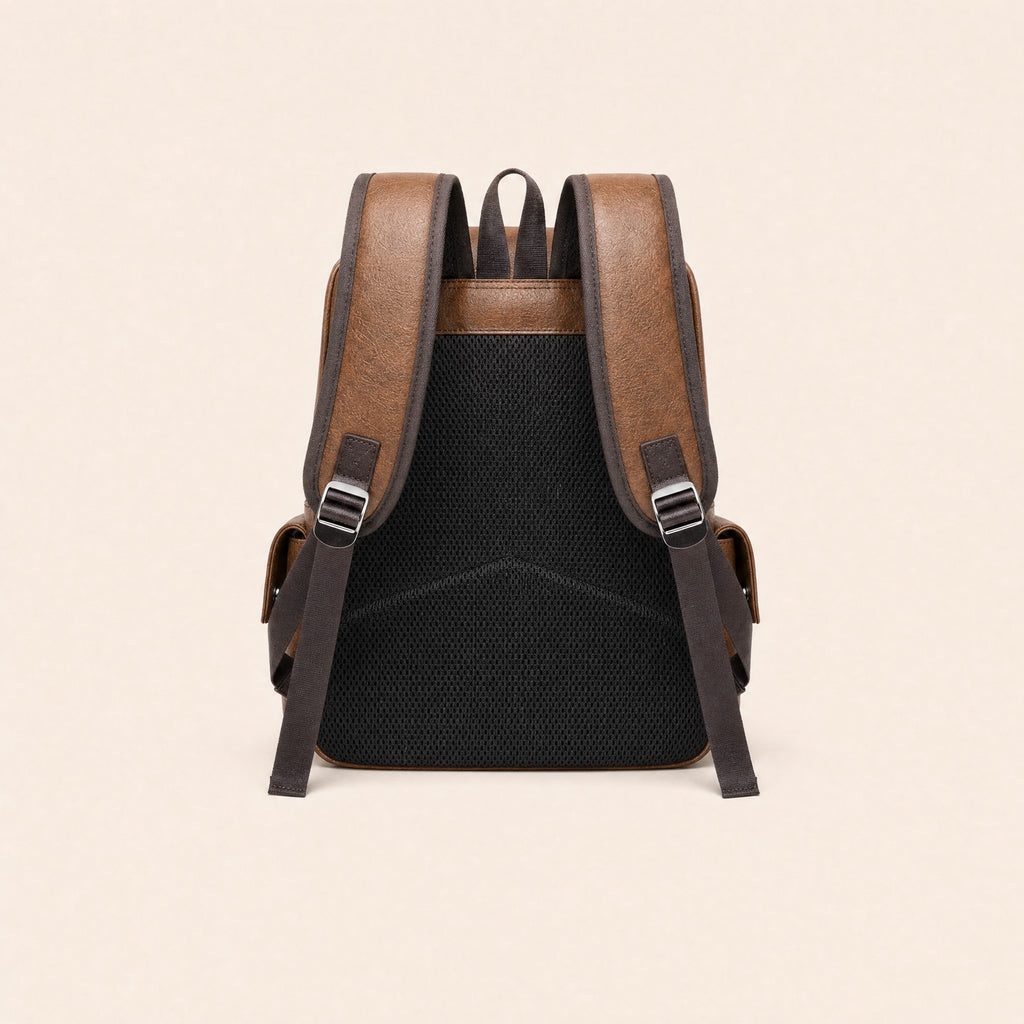 Light brown leather backpack, padded back panel and shoulder straps