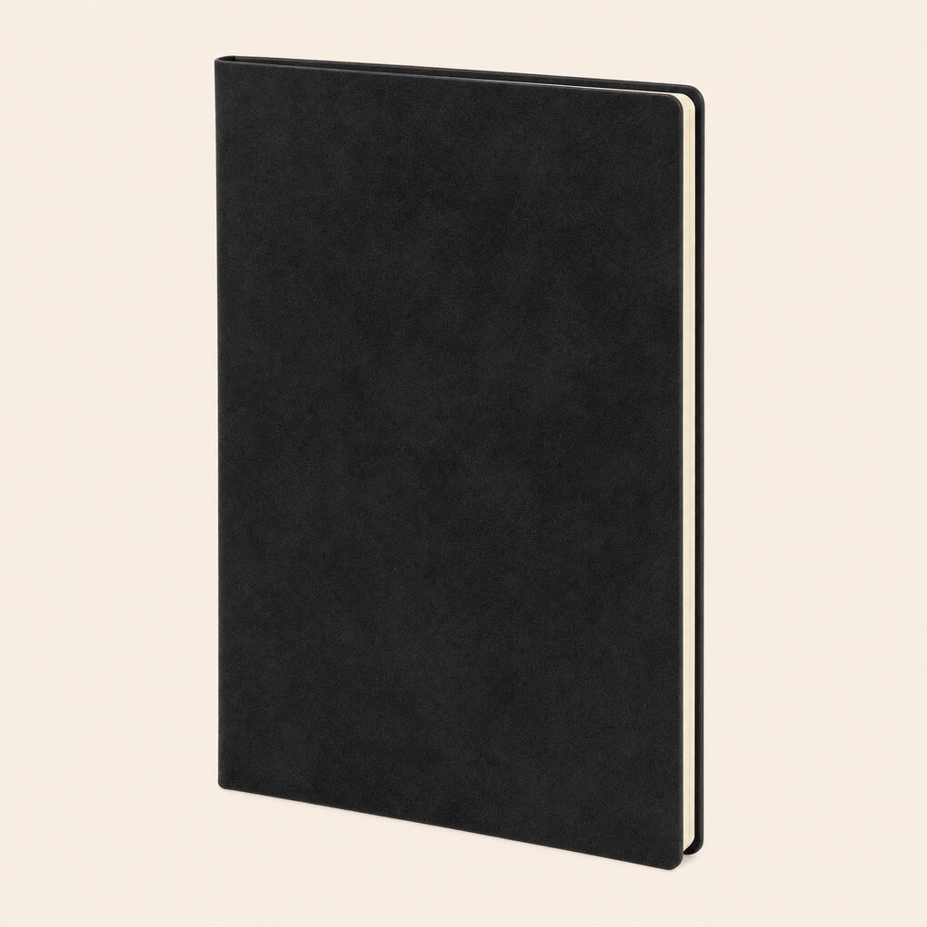 Black leather notebook, three-quarter view