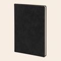 Black leather notebook, three-quarter view