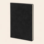 Black leather notebook, three-quarter view