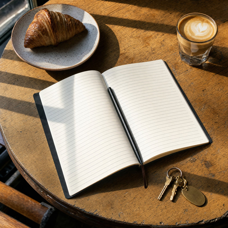 The notebook open on a sunlit cafe table with a coffee and a croissant