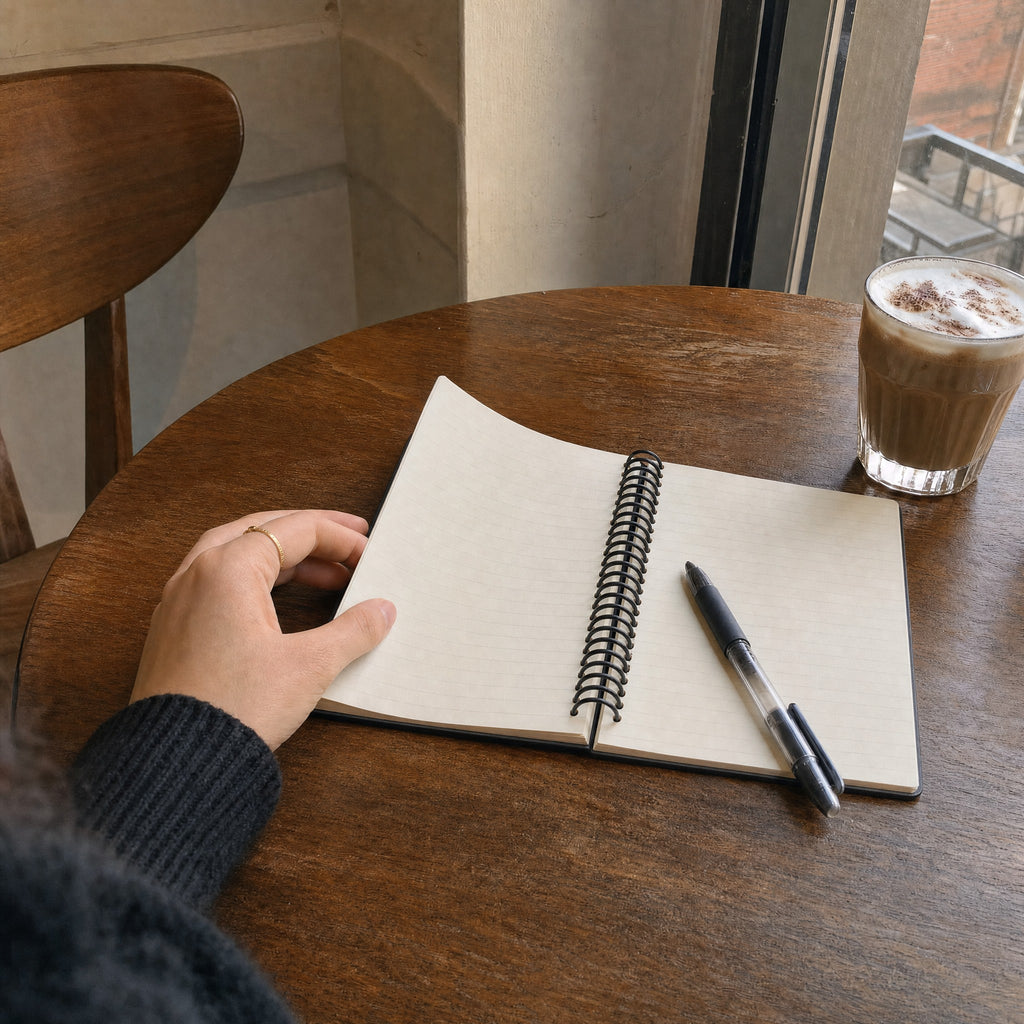 The notebook open on a cafe table with a coffee and a pen