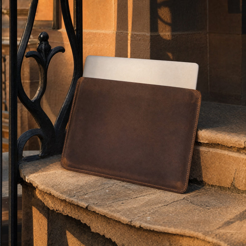 The leather laptop sleeve on a sunlit brownstone step with a laptop part way out