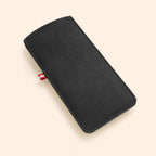 Black leather glasses pouch, three-quarter view