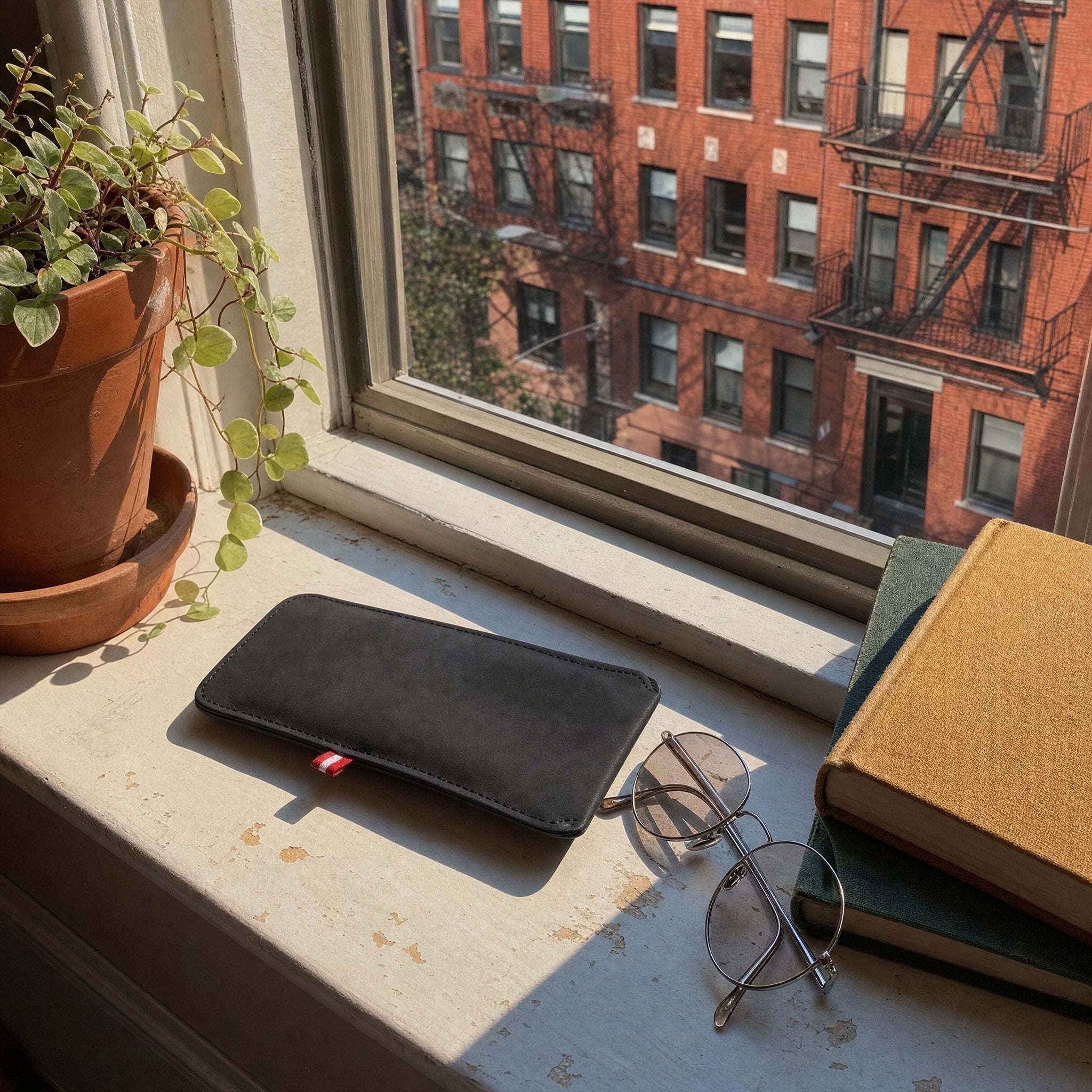 The glasses sleeve on a sunlit apartment windowsill with sunglasses beside it