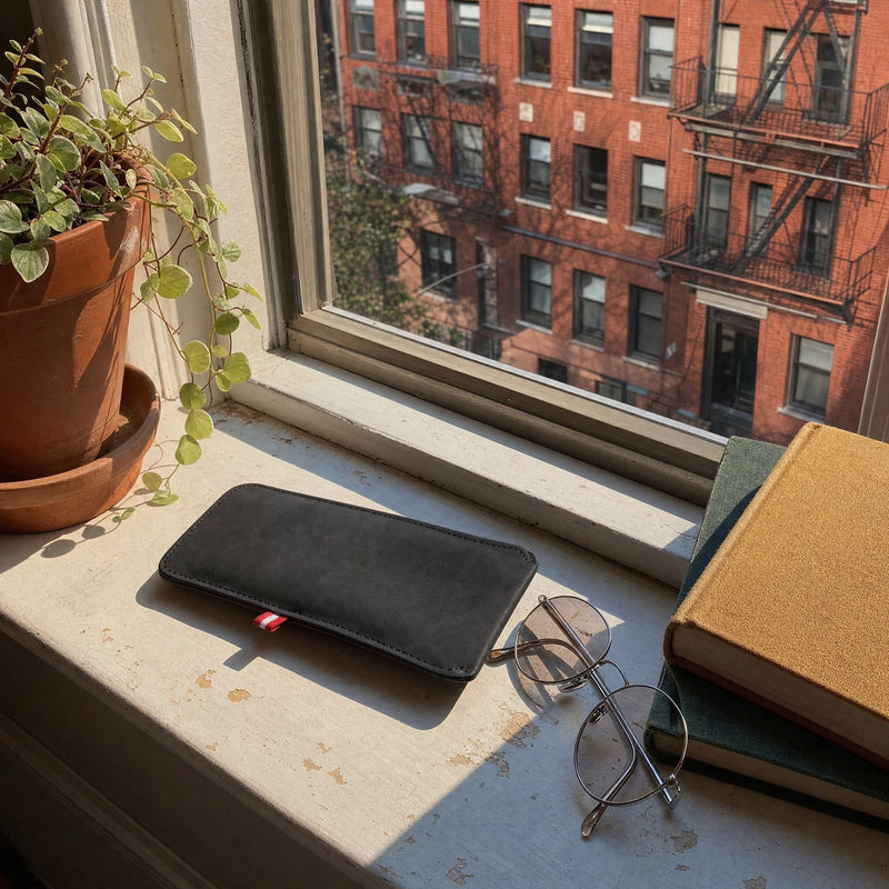 The glasses sleeve on a sunlit apartment windowsill with sunglasses beside it